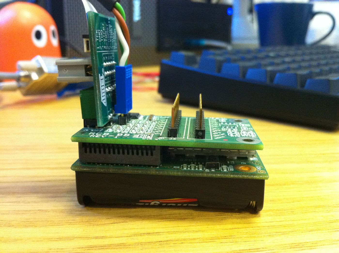 RCB128RFA1 with breakout board, JTAG cable, and serial cable